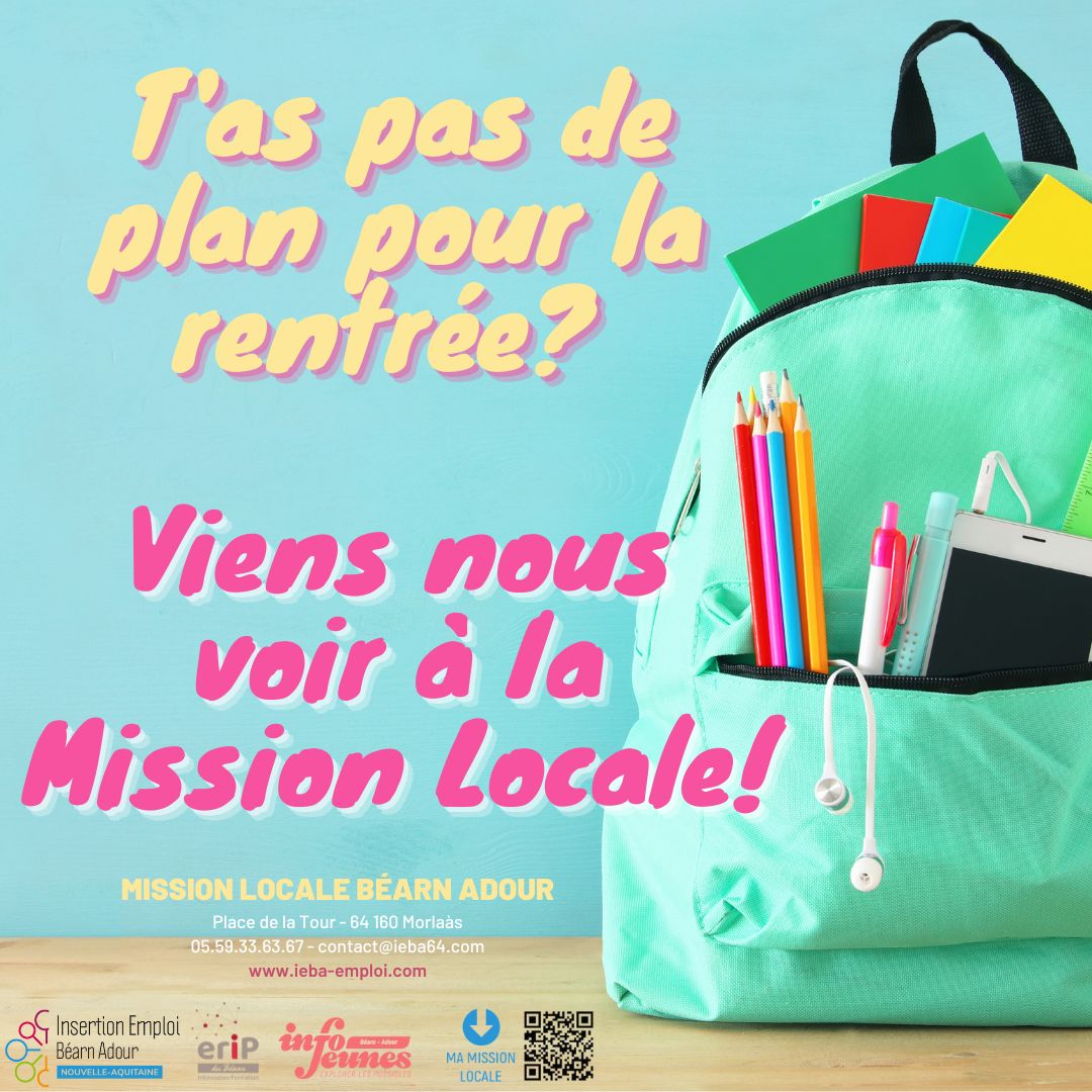 Bientôt la rentrée!!!  Bonne rentrée 2022/2023 à tous. 
Et pour tous ceux qui n'ont pas de projets pour les semaines à venir, nous sommes là !    
LA MSSION LOCALE BÉARN ADOUR À TON ÉCOUTE ! 
#Rentree2022  #jeunes64 #emploi64