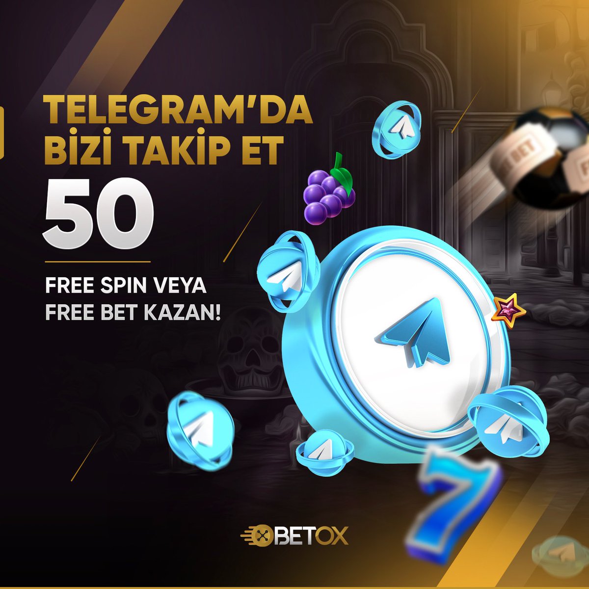 🚀 Betox'dan Telegram'a Özel Etkinlik!
😎 Telegram'da Abone Sayımız 500 Olduğunda Katılan 50 Kişiye Seçili Slot Oyunlarında Geçerli 50 Freespin veya 50 Freebet Hediye!
 ✅Telegram Kanalına Katıl, kanalındaki Formu doldur! (t.me/betoxtelegram)
✅ Gönderiyi Retweetle!