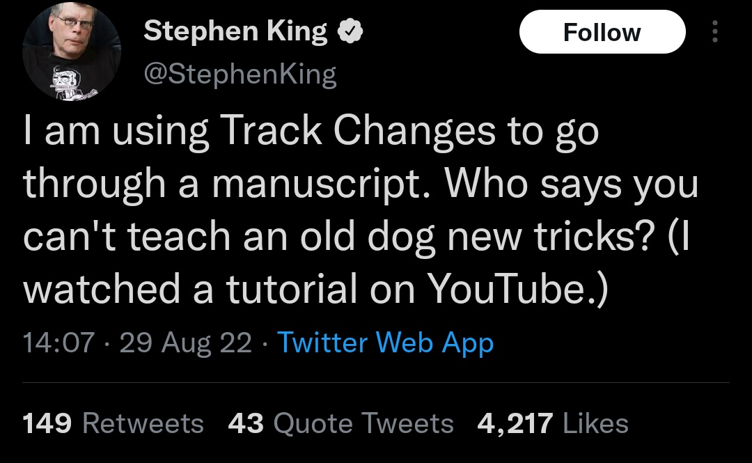 i_chose_books's tweet photo. Thoughts and prayers for Stephen King's editors for the years 1997 through 2021 inclusive https://t.co/1Yaa7Cm49i
