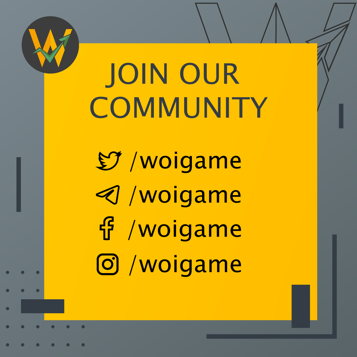 WOIGame's tweet photo. Join our Community 🐺 🚀

https://t.co/ePkJfr7eaQ

#P2E #Play2Earn #NFT #NFTGame #woi #wolfofinvestments https://t.co/5jnQUfRKFz