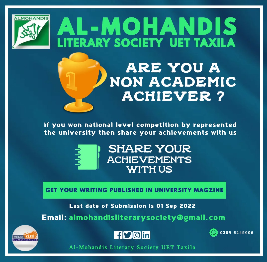 UET_Literary's tweet photo. Email us : almohandisliterarysociety@gmail.com
last date of submission is 1 September 2022 #email #magazine #UET #uettaxila #uetmagazine #Al-Mohandis https://t.co/jgmMbapv8A