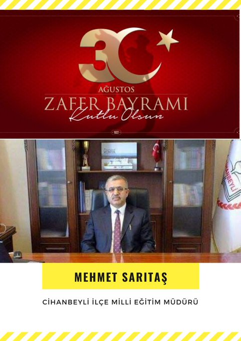 Milli Eğitim Müdürümüz <a href="/MehmetSaritas42/">Mehmet Sarıtaş</a> ‘ın 30 Ağustos mesajı:

Milletimizin #30AğustosZaferBayramı’nı kutluyor, bu vatan için canlarını feda eden şehitlerimizi, minnetle, şükranla anıyorum.

<a href="/konyamem/">Konya İl MEM</a> 
<a href="/gokhanmurat1/">Murat YİĞİT</a> 
#ZaferBayramı