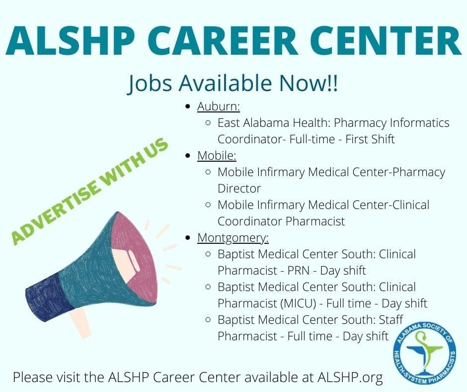 ALSHP_RX's tweet photo. ALSHP’s Career Center is now live. Please visit https://t.co/wBdcHVohPe for more details on postings and how to get your positions posted!! Here are a few of the jobs open throughout the state! https://t.co/pfL4iac4Ei