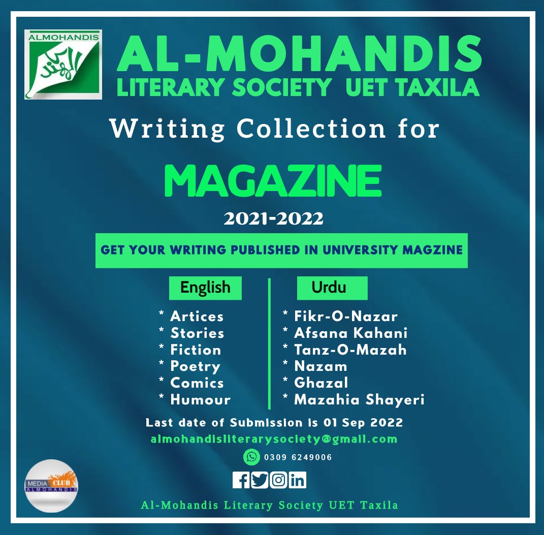 UET_Literary's tweet photo. Email us : almohandisliterarysociety@gmail.com
last date of submission is 1 September 2022 #email #magazine #UET #uettaxila #uetmagazine #Al-Mohandis https://t.co/CVAYukBY8i