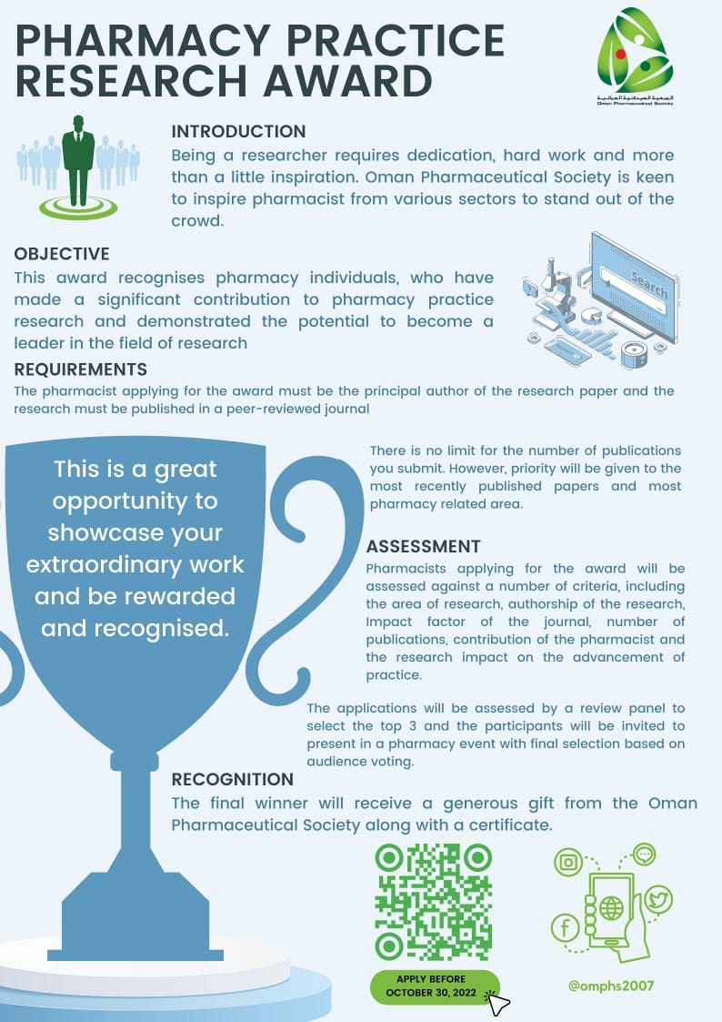 omphs2007's tweet photo. Oman Pharmaceutical Society would like to announce BEST PHARMACY RESEARCH AWARD
For more details please scan the QR code shown in the picture. The deadline for submission is 31st of October 2022 https://t.co/gHPosNdyH3