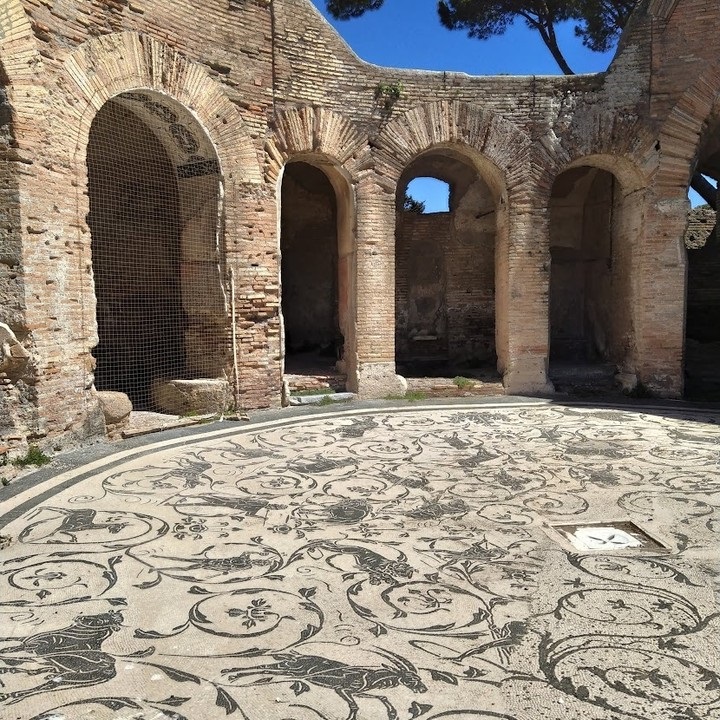 Wonders of <a href="/parcostiantica/">parco_archeo_ostia</a>: the circular room in the Baths of the Seven Wise or frigidarium (room for cold baths), paved with a beautiful mosaic with hunting scenes and plant motifs of the 2nd century AD. 

👉 bit.ly/3QWAkTp
#VisitRome