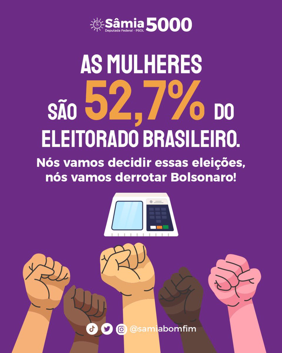 samiabomfim's tweet photo. BOLSONARO ODEIA MULHERES! E é por isso que nós, a maioria da população, daremos um recado: vamos decidido essas eleições, vamos derrotar Bolsonaro! https://t.co/FgVPwvJOSa