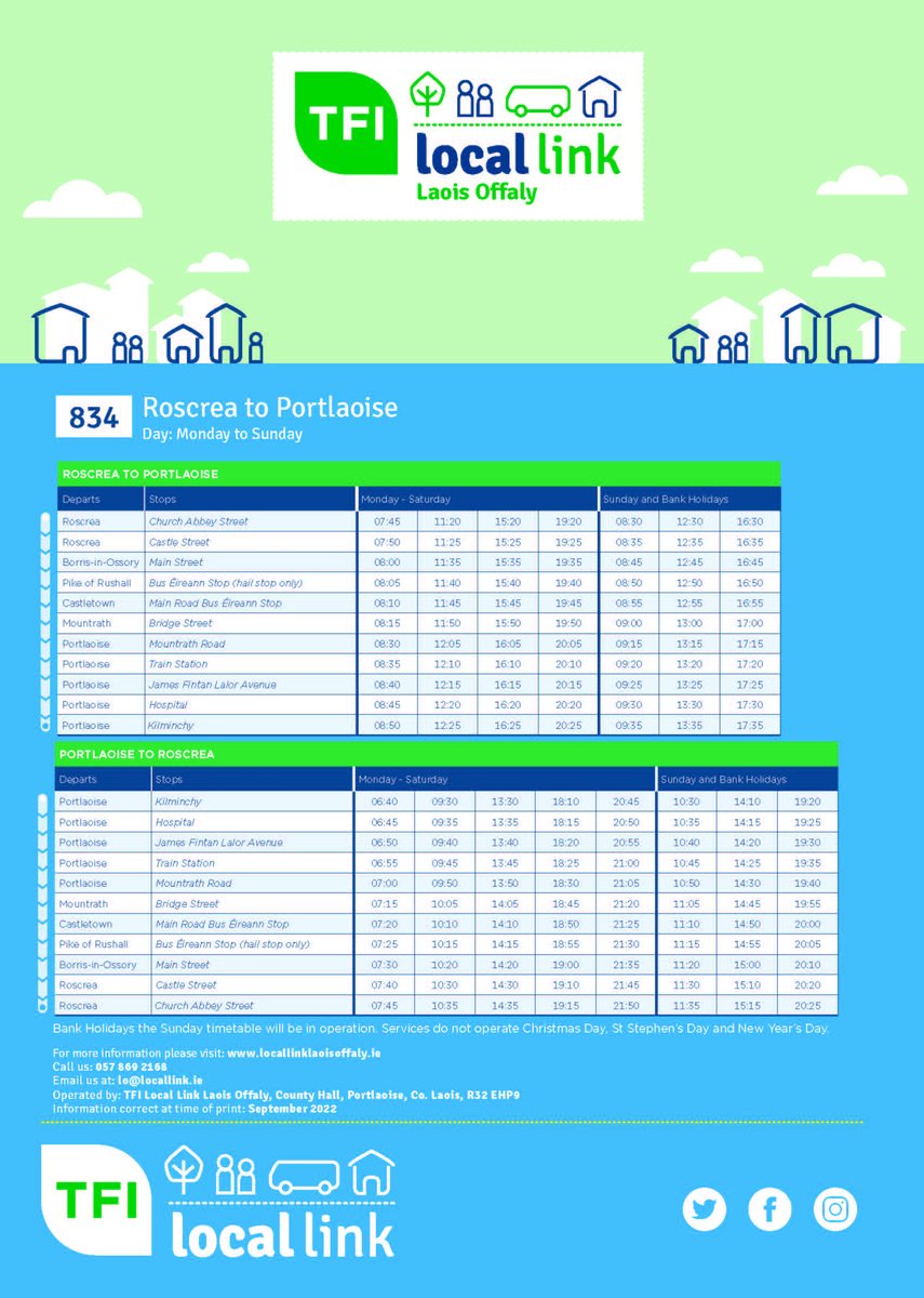 ***Change to 834 Roscrea to Portlaoise Timetable 1st September 2022***🚍🚍🚍
Passengers please be aware that from Thursday 1st September there are will be some slight changes to our 834 timetable.  ☎️ 057 8692168 or email 💻 lo@locallink.ie .