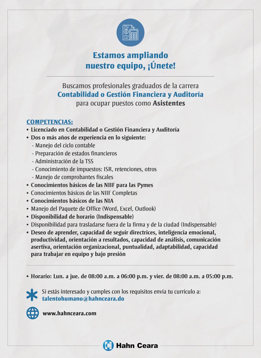 HahnCeara's tweet photo. Estamos ampliando nuestro equipo, ¡Únete!

Buscamos profesionales graduados de la carrera de Contabilidad o Gestión Financiera y Auditoría.

¡Revisa los detallas! Si estás interesado y cumples con los requisitos envía tu currículo a: talentohumano@hahnceara.do.

#Empleo #Vacante https://t.co/cwlJQKuLpE