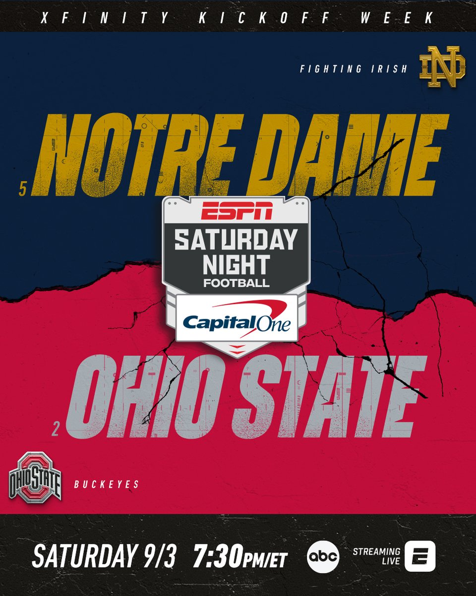 ESPNCFB's tweet photo. Labor Day Weekend is going to be special 🍿

🏈 @GeorgiaFootball vs. @oregonfootball 
🏈 @NDFootball vs. @OhioStateFB 
🏈 @FSUFootball vs. @LSUfootball 
🏈 @ClemsonFB vs. @GeorgiaTechFB https://t.co/47fDp5EB6a