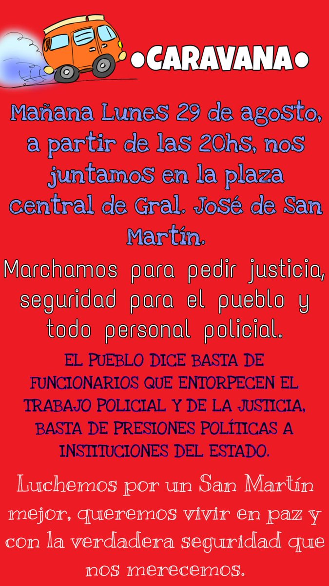 Noticias771's tweet photo. GRAL. SAN MARTÍN 
CARAVANA 🛻🚓 
Esta Noche a partir de las 20 hs. nos juntamos en la plaza central. 
Marchamos para pedir justicia, seguridad para el pueblo y todo el personal policial. ✊ https://t.co/kUhbQBbbH2