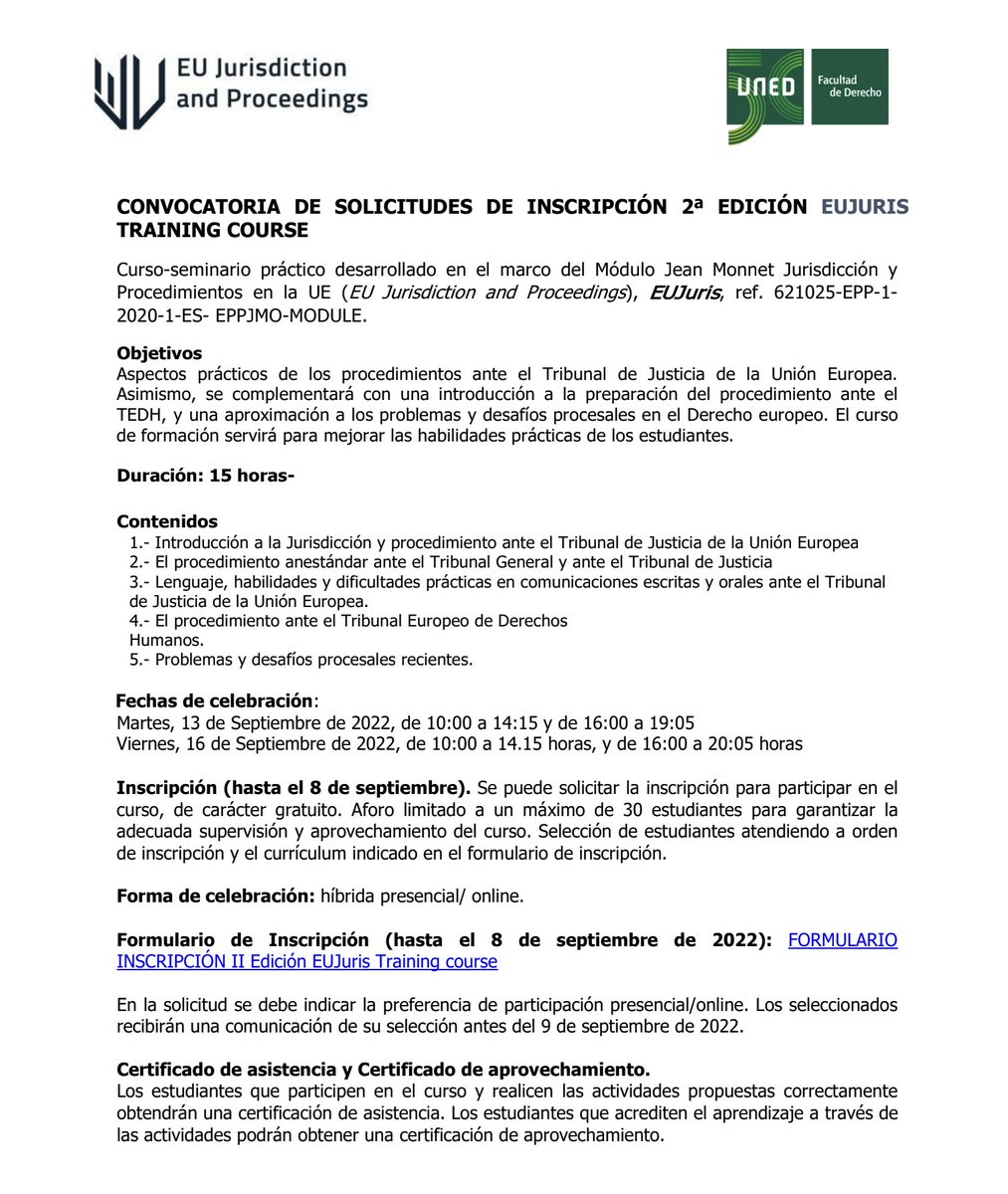 EuJurisdiction's tweet photo. Los próximos días del 13 al 16 de septiembre tenemos la segunda EUJuris Training School. Puedes inscribirte a través del siguiente enlace: https://t.co/u2dI5QVbRF. Las plazas son limitadas. Fecha límite el 8 de septiembre. #ErasmusPlus https://t.co/oqpnnHwjNm