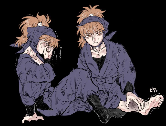 さぶろをかばって敵の忍の罠にかかってしまい足をやってしまってとにかく今は隠れて応急処置を施そうとしたけど少し触れただけでもいたくてなんなら骨折れてね?って感じでくそ,,,!!!ってなってる時のさぶろ 