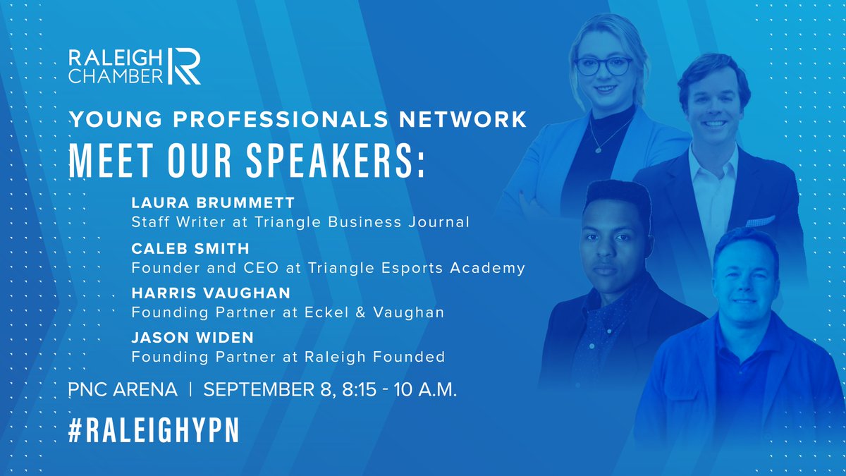 raleighchamber's tweet photo. Our #RaleighYPN program next month is all about #Entrepreneurship! https://t.co/5d8gR2NxMo Learn from a panel of successful entrepreneurs like @HarrisV of @EckelVaughan, @GeneralCVS of @TriEsportsAcad, @JasonWiden of @RaleighFounded &amp; @laura_brummett of @TriBizRetail https://t.co/iM0wv1bi4B