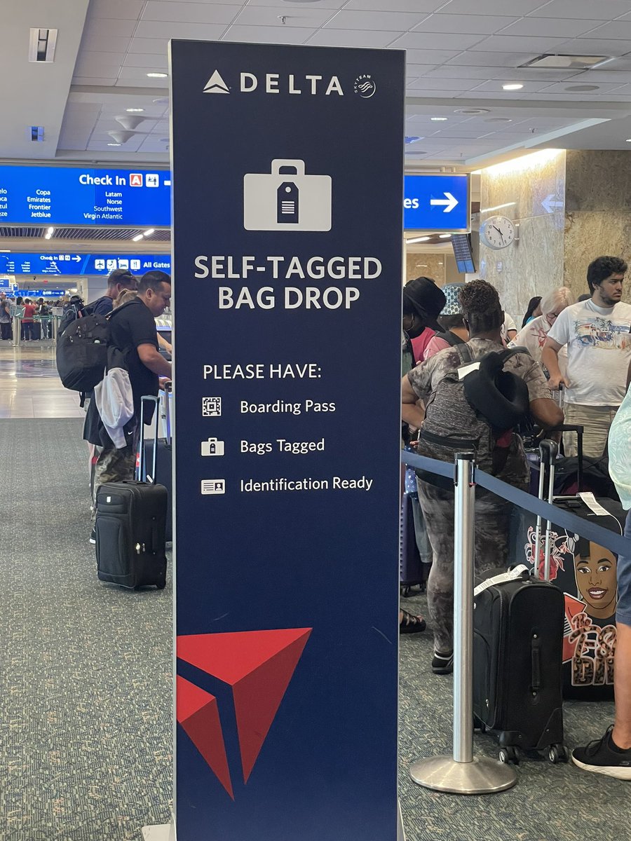 Don’t be misled by this sign. After waiting 30 mins in this queue and having checked-in online and printed our own luggage tags, it still didn’t apply to <a href="/Delta/">Delta</a> international travellers. For that, you have to join the other much longer line 🤬🤬🤬