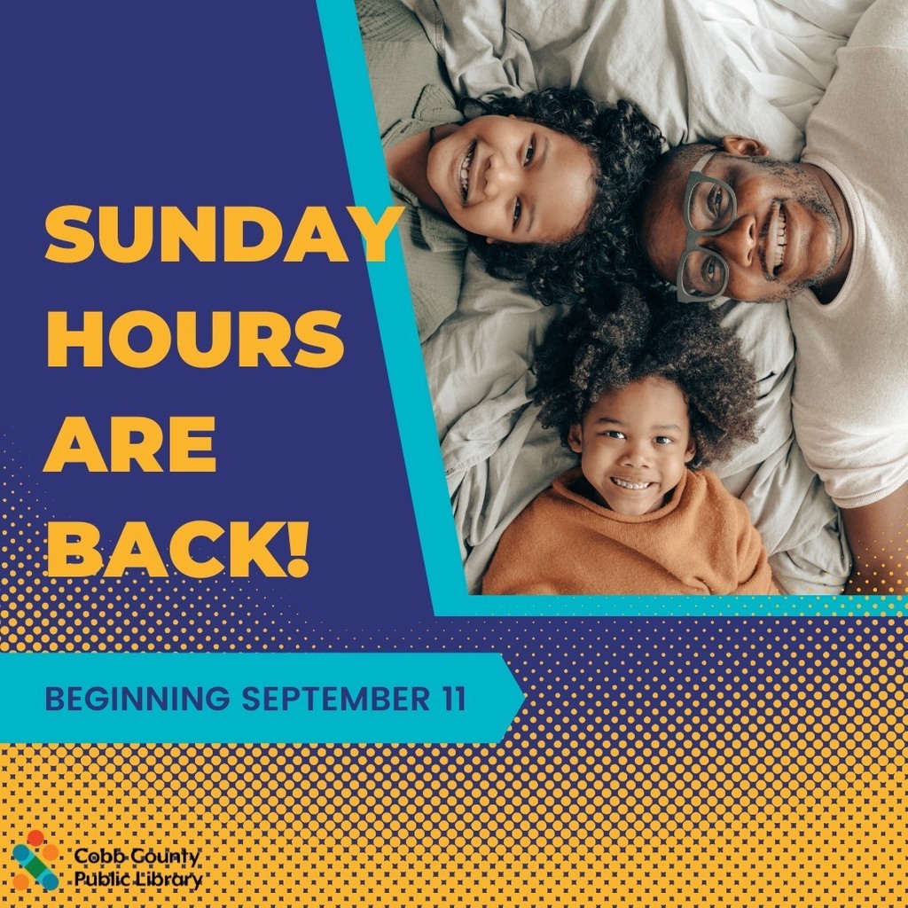 cobblibrary's tweet photo. Great news! Sunday hours are back! #MountainViewLibrary, #SouthCobbLibrary, #SwitzerLibrary, and #WestCobbLibrary will be open Sundays 1 pm - 5 pm beginning September 11.
.
#SundayHours #CobbLibrary @cobbcountygovt @cobbschools @mariettacityschools https://t.co/QH2IFsyU6C https://t.co/yNNX1sPyyn