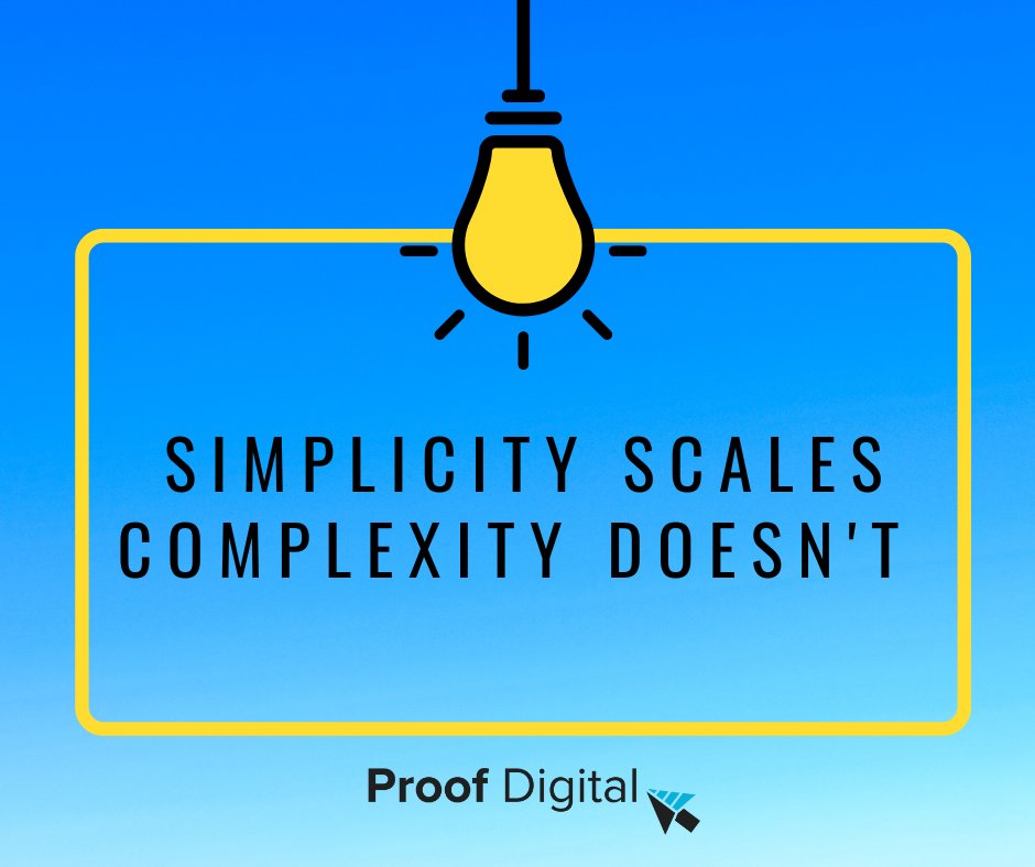 Proof_Digital's tweet photo. Happy Monday🎉! As we get ready for the week and if you find yourself stuck in your marketing, remember this: 

Simplicity scales—Complexity doesn't.
#proofdigital #mondaythoughts #marketingtips https://t.co/tH5HAad51F