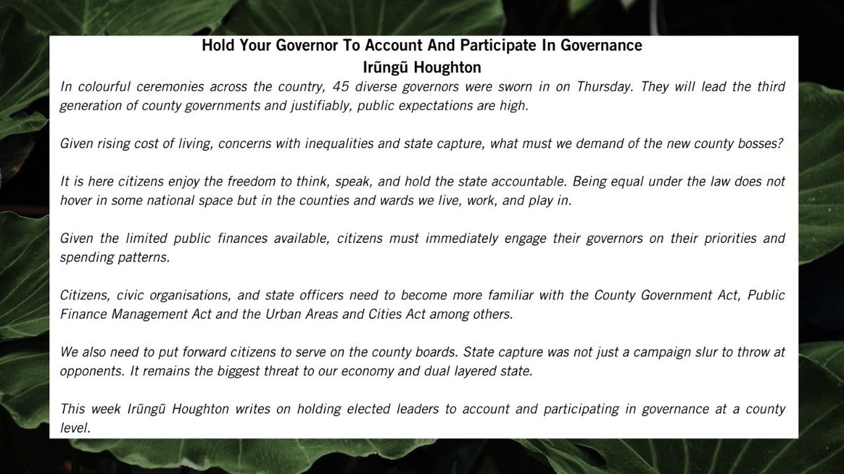 AmnestyKenya's tweet photo. Last week, 45 Governors were sworn in across the county. What plans do you have to hold them accountable? @irunguhoughton lays out the case for the importance of holding newly elected leaders to account and participating in county governance. #AmnestyRead https://t.co/bJgC1gTbAE https://t.co/WxbhCGPecP