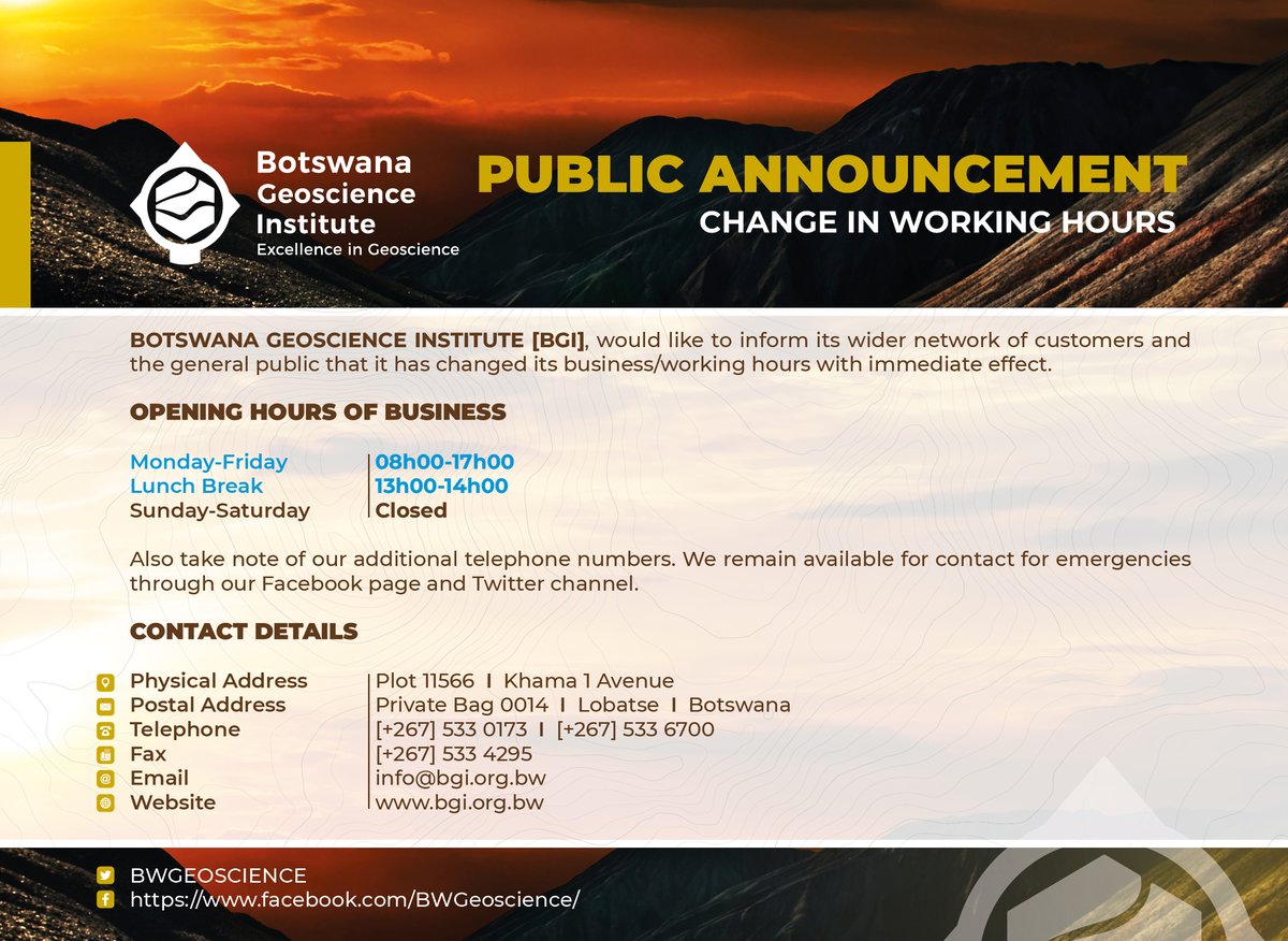 BWGEOSCIENCE's tweet photo. We have changed our business hours https://t.co/7vIayyKJS7