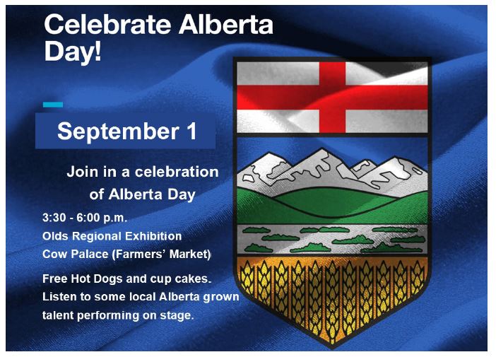 TownOfOlds's tweet photo. Celebrate Alberta Day Thursday, Sept. 1 at the Cow Palace during the Famers' Market. Free hotdogs and live entertainment. 

#TownOfOlds #OldsAB #MyOlds https://t.co/kEamdY9Jhk