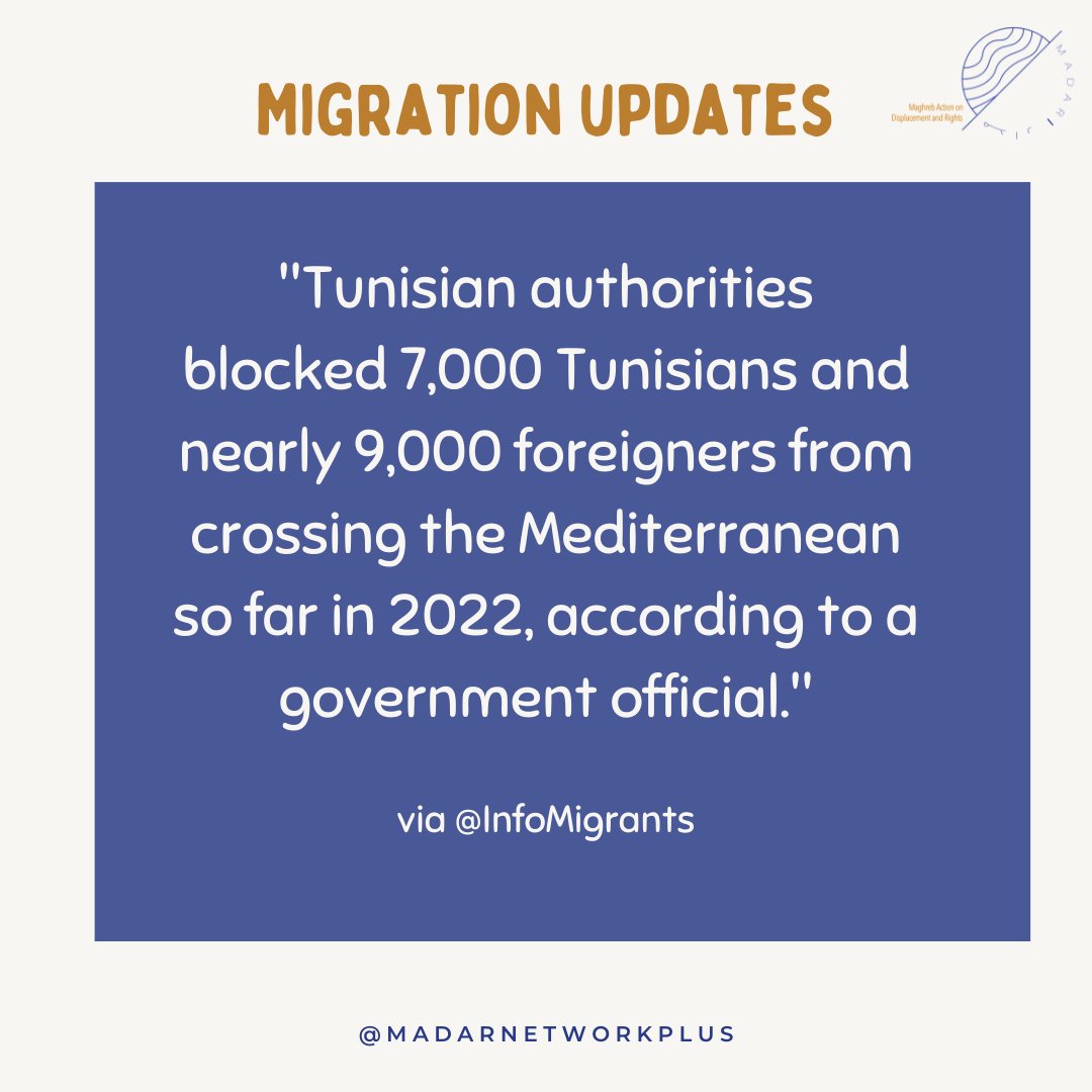 MADARnetwork's tweet photo. #MigrationUpdates
"#Tunisian authorities blocked 7,000 Tunisians and nearly 9,000 foreigners from crossing the Mediterranean so far in 2022, according to a government official."
https://t.co/h4LJ0SbFT8 via @InfoMigrants
@MADARnetwork @MA_Palladino https://t.co/y2weDkhtqq