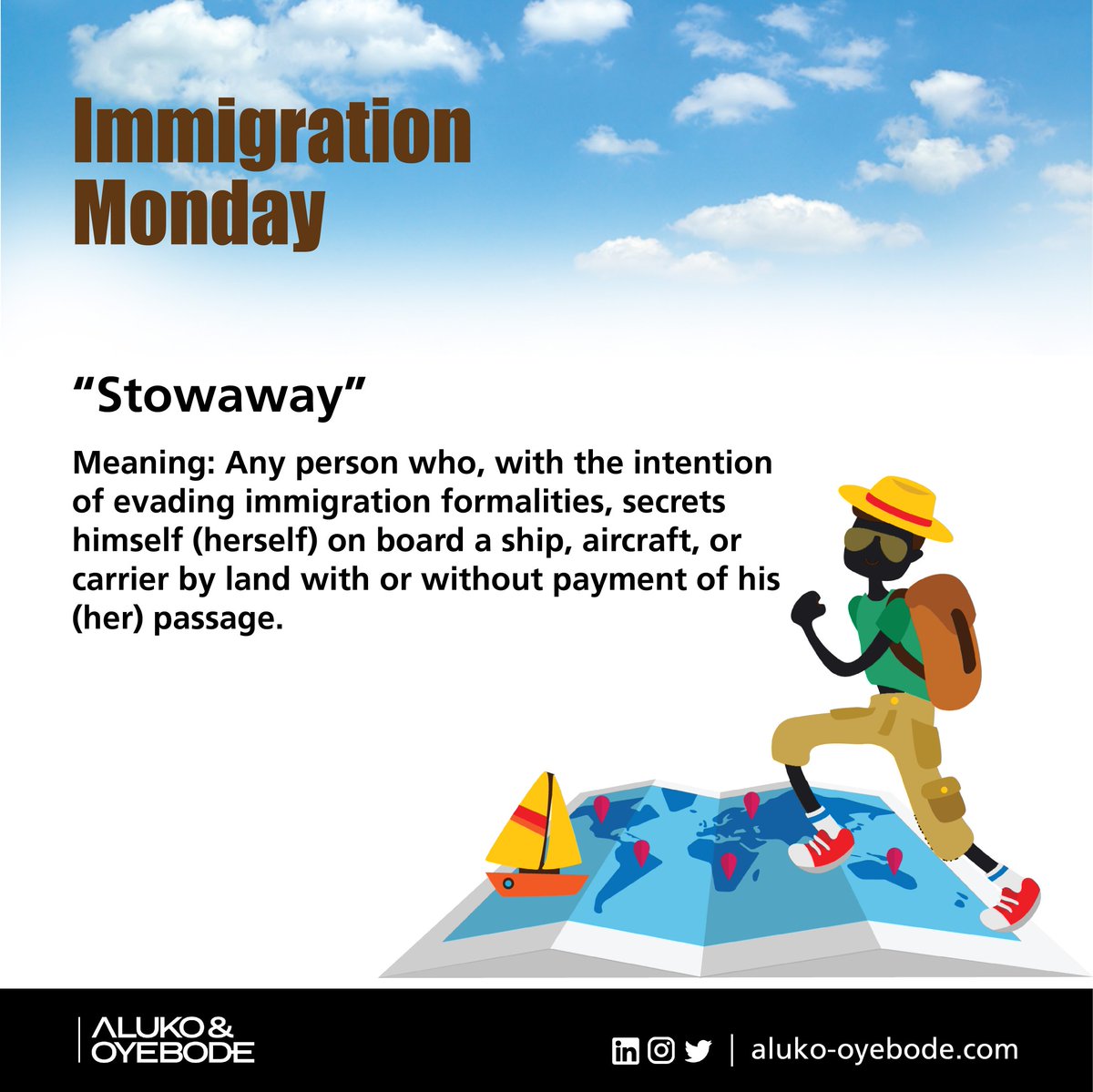 Aluko_Oyebode's tweet photo. #ImmigrationMonday Term to Know: Stowaway.
#AlukoandOyebode #TermToKnow #ALNxAO https://t.co/RSBLI1MxSy
