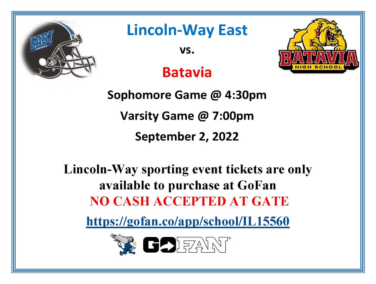 BataviaHS's tweet photo. This Friday night, the Bulldogs take on the Lincon-Way East Griffins in Frankfort, IL. All tickets must be purchased through Go Fan: https://t.co/bHZMOEEn49 NO CASH at the gates! #bps101pride @LWEGriffins #foryourteam @BataviaAthletic @BataviaFootball #dogsontop https://t.co/TcdSJF9sA8