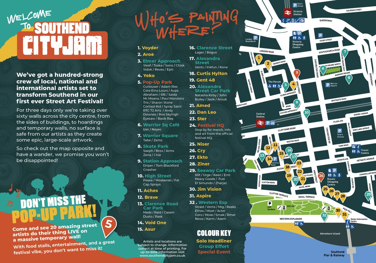 ✨ GET READY TO JAM! 📢
#SouthendCityJam kicks off this Friday, and we've got over 100 street artists coming over the weekend to transform the city centre with some epic, large scale artwork! 
Check out the map  to see what's going on👇 southendcityjam.co.uk/map