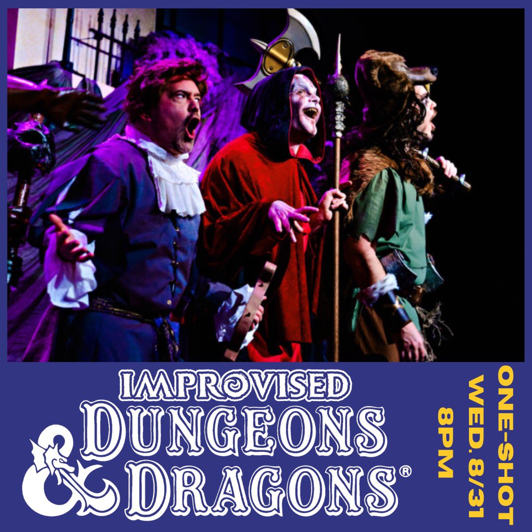 Start #DragonCon weekend early with a special one-shot “Improvised Dungeons &amp; Dragons” with <a href="/Mark_Meer/">Mark Meer</a>! Bonus: we’ll have (free) post-show karaoke!

🎟 Wednesday, 8/31 <a href="/8pm/">8pm</a>: bit.ly/3QWMhZh