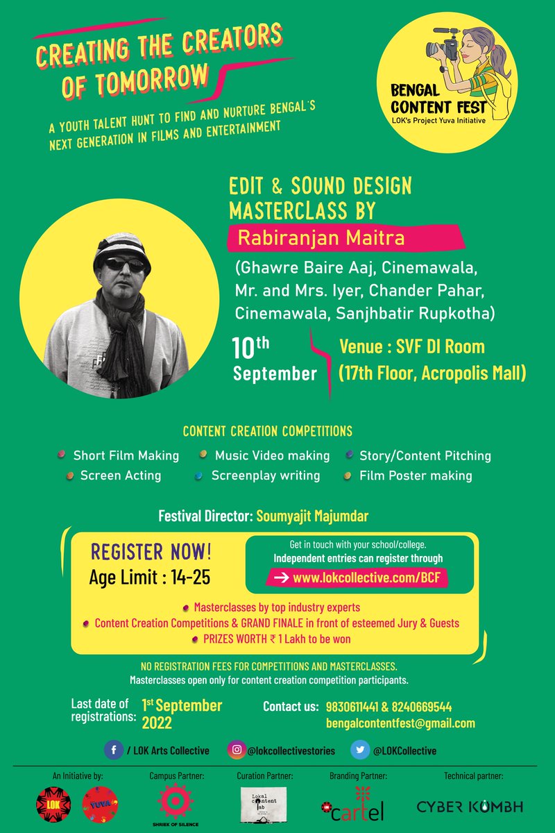 Delve deep into the world of editing and sound designing with Rabi Ranjan Moitra at #BCF -LOK Project Yuva's initiative Bengal Content Fest supported by #SVF. Register now on lokcollective.com/BCF. 

<a href="/LOKCollective/">Lok Arts Collective</a> <a href="/soumyajitLOK/">soumyajit majumdar</a> <a href="/AhanaSVF/">AhanaK</a> <a href="/abhishekdagaa/">abhishek daga</a>