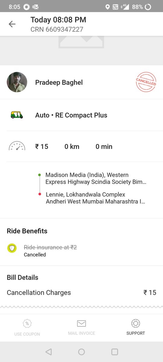 DChhatlani's tweet photo. @Ola_Mumbai been trying to book a ola for the past 15-20 mins and with a lot of trial got an auto he went in a different direction and refused to cancel and even the time to arrival was longer than shown and despite it not being my fault i was charged a cancellation https://t.co/5wDtVV1nuW