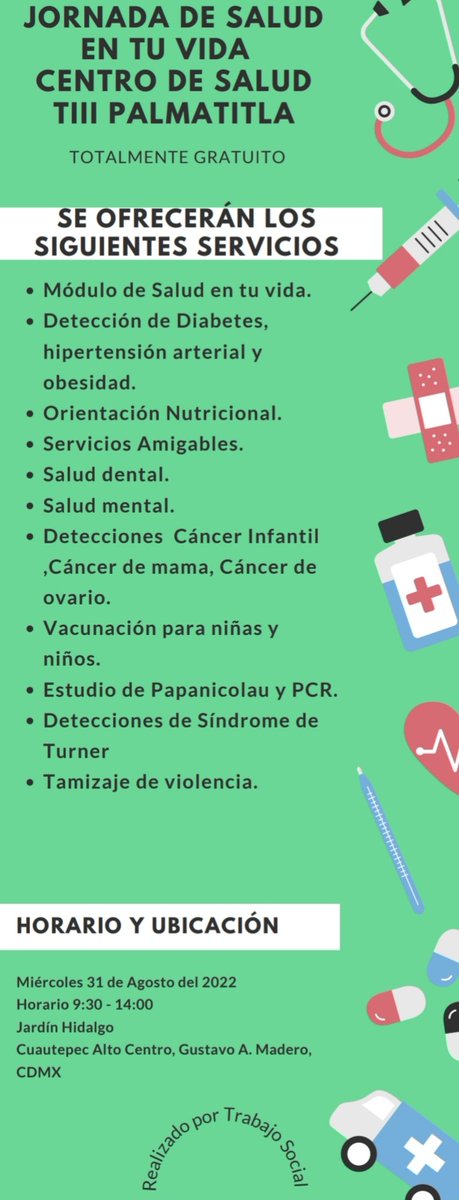 CSPalmatitla's tweet photo. Están cordialmente invitados a nuestra Jornada de salud en tu vida! se llevara a acabo en plaza hidalgo @CSPalmatitla @losaristeos  @srcuautepec https://t.co/FIYGYgQT3Z