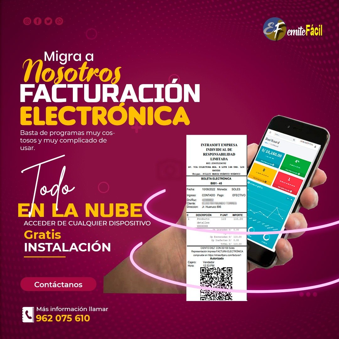 Intrasoftperu's tweet photo. ¡Grandes promociones!
Migra con nosotros y factura en 15 segundos!
Cumple con tus obligaciones de una manera más sencilla, desde cualquier dispositivo conectado a internet!! 💻📲
#emitefácil
#FacturaciónElectrónica
#IntraSoft https://t.co/DrYc5AivwD