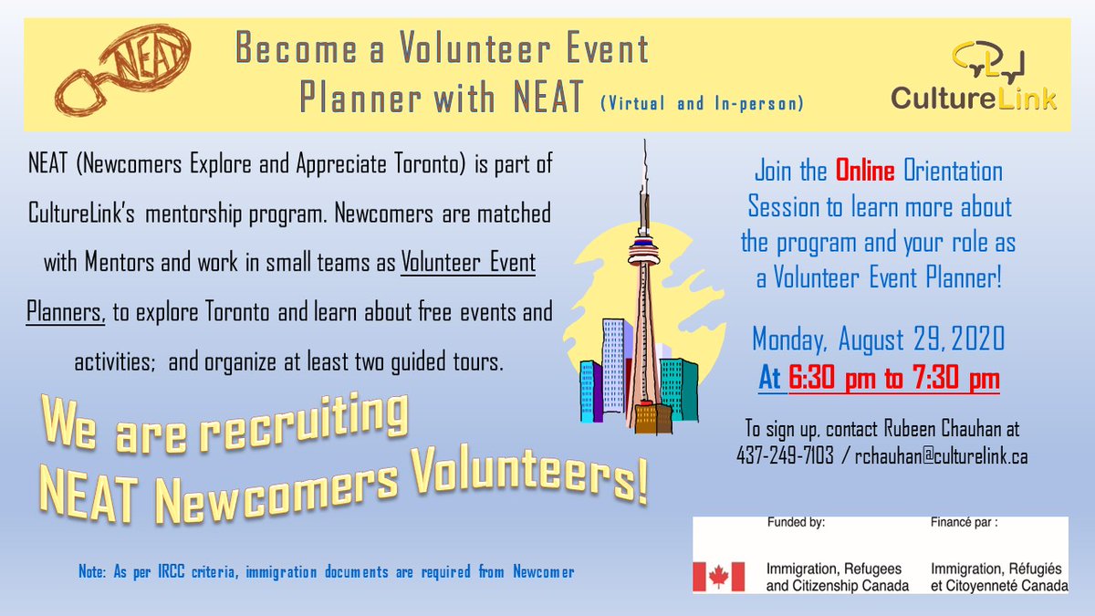 RubeenTO's tweet photo. Recruiting #newcomers to #canada for #volunteering with NEAT #mentorship program. Orientation happening tonight at 6:30 pm. Contact for the zoom link! (newcomers who are #landedimmigrants or #conventionrefugees) https://t.co/R6f4h8piGV