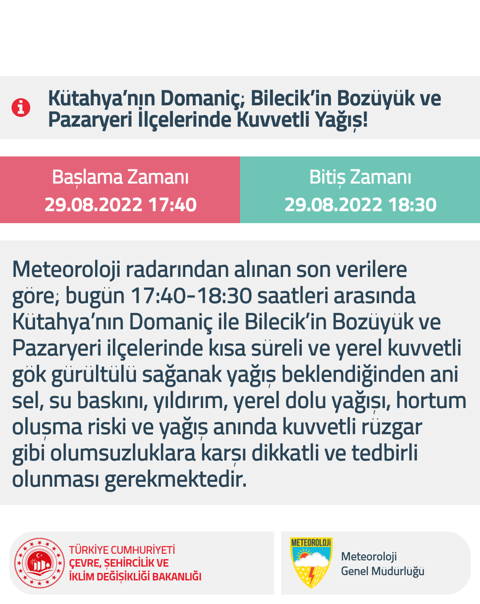 meteoroloji_twi's tweet photo. 🔊Meteorolojik Uyarı 
Kütahya'nın Domaniç, Bilecik’in Bozüyük ve Pazaryeri İlçelerinde Kuvvetli Yağış!
@AFADBaskanlik @KutahyaValiligi @bilecikvaliligi @kutahyabel @BilecikBeledi https://t.co/F1JfO5jXxA
