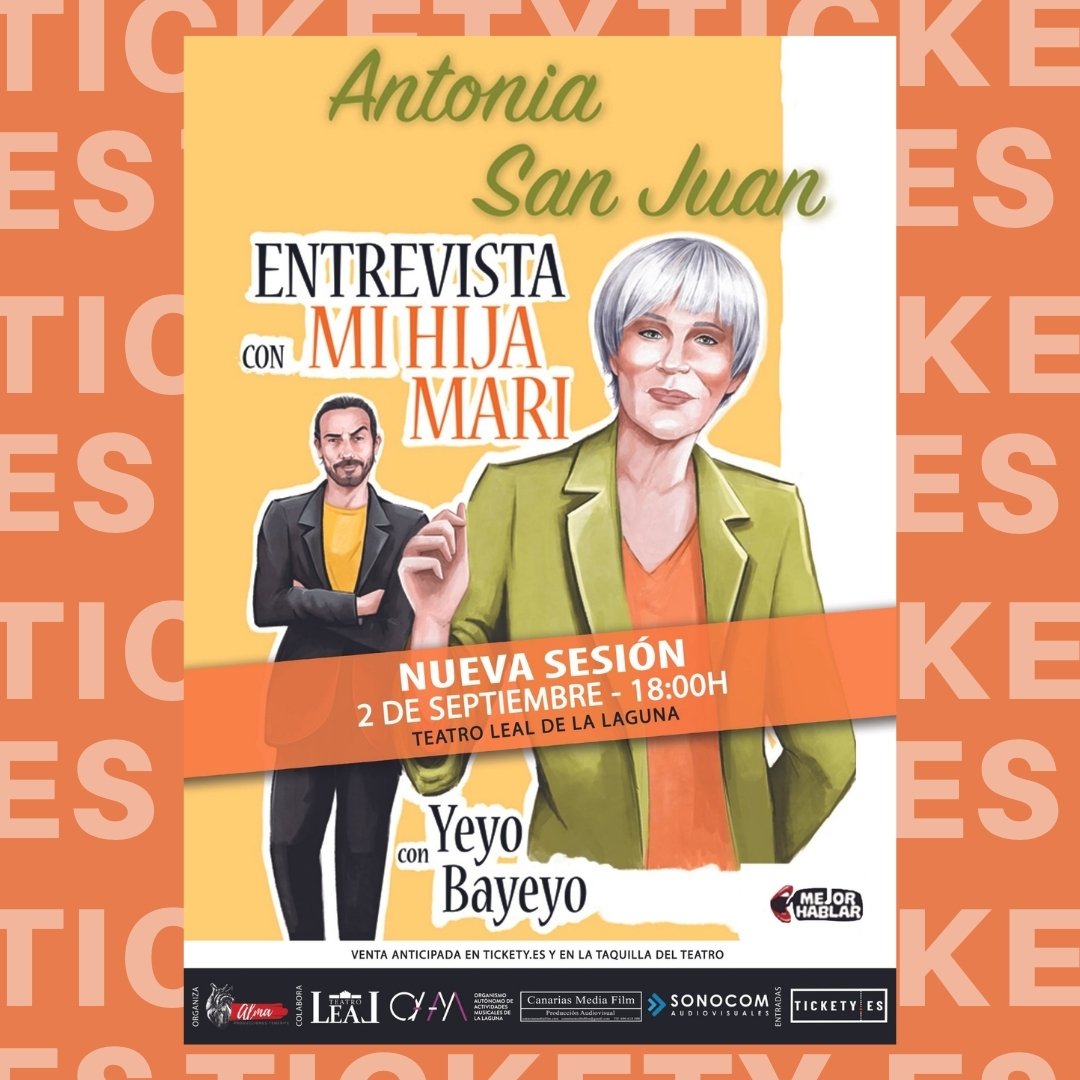 👩🏽🎭 En “Entrevista con mi hija Mari”, <a href="/asanact/">Antonia San Juan</a> lanza una crítica a la sociedad donde recrea la intra-historia de muchas mujeres que viven el infierno tras la intimidad del hogar.

🎟️ bit.ly/3xaAJsC 

⏰ 18:00h y 21:00h
📅 2 de septiembre
📍Teatro Leal - La Laguna