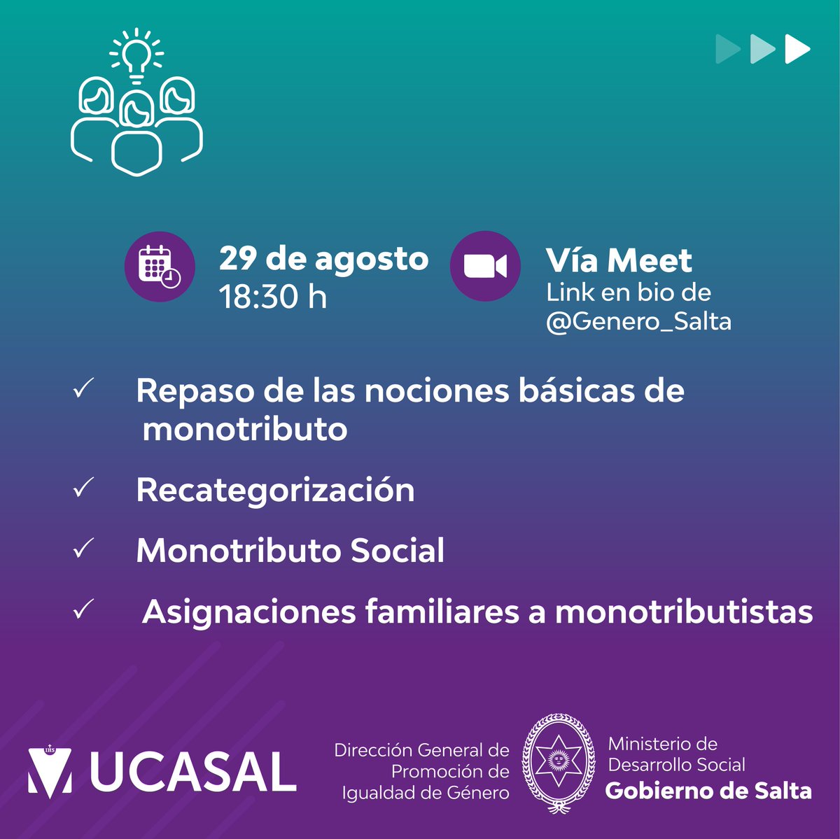 Genero_Salta's tweet photo. En esta sesión del #ConsultorioImpositivo se abordarán los siguientes temas: 
-Nociones básicas de monotributo
-Recategorización
-Monotributo Social
-Asignaciones familiares a monotributistas.

Link de Meet💻: https://t.co/428yA85kEH https://t.co/0oDmF5BSM1