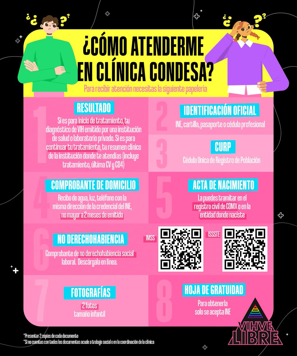 VIHveLibre's tweet photo. Amix, ¿Cómo se pueden atender en la @CdmxClinica? Aquí les hicimos un flyer para que sepan que papeles llevar y también les dejamos las ligas de descarga de las constancias de No derechohabiencia de IMSS https://t.co/5Eb9WhTkGL y de ISSSTE https://t.co/c7VmBHriQC 🔺🔊🙌🏾 https://t.co/EEjRbwcOiI