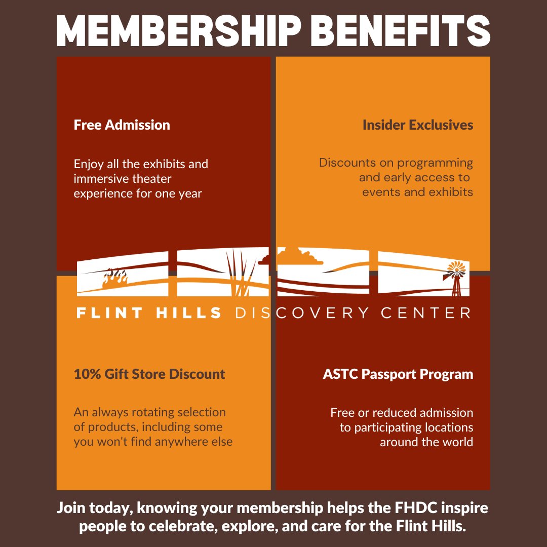 A membership to the Flint Hills Discovery Center pays for itself in just three visits! Try us out! Come for a visit and apply the cost of your admission that day to a membership. To learn more about membership at the Flint Hills Discovery Center, ➡ visit bit.ly/2PvYfID.