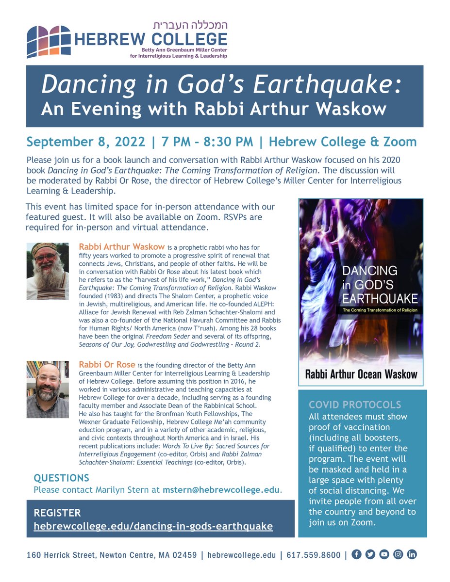 MillerCenterHC's tweet image. Join us Sept 8 at 7 PM at @hebrewcollege or on Zoom for "Dancing in God's Earthquake: An Evening with Rabbi Arthur Waskow."
hebrewcollege.edu/events/dancing…