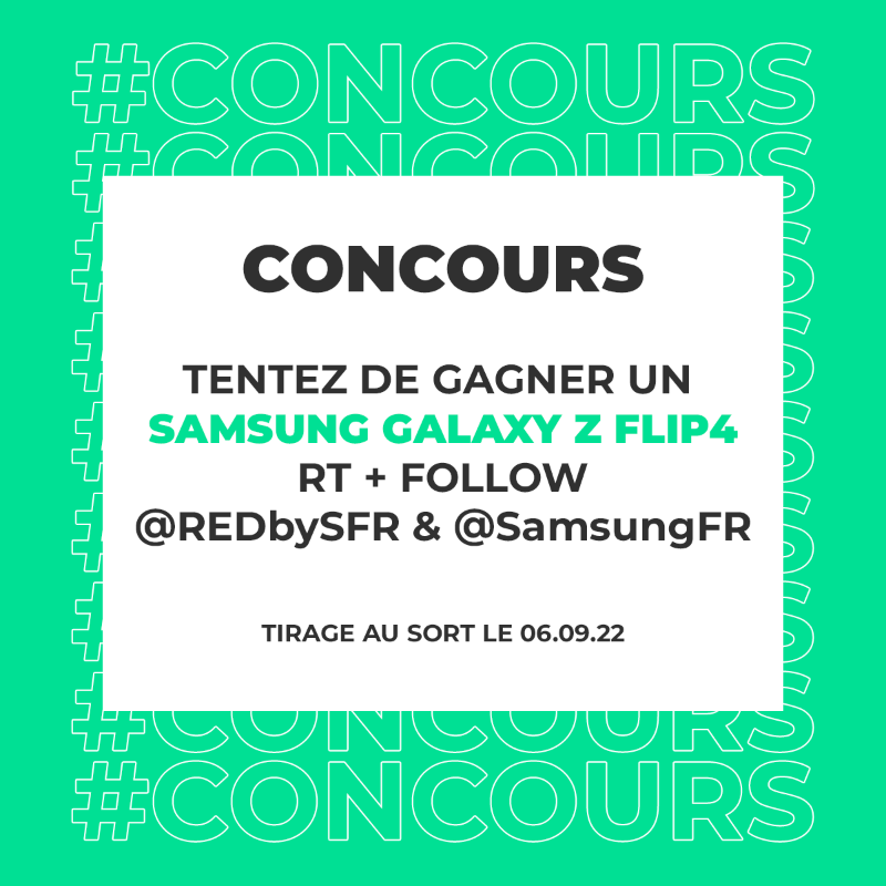 REDbySFR's tweet photo. [#CONCOURS] On vous fait gagner un Samsung Galaxy Z Flip4 !

Pour tenter de repartir avec : RT + Follow @redbysfr et @SamsungFR

Fin du jeu et tirage au sort le 06/09 à 16h.

Bonne chance à tous !