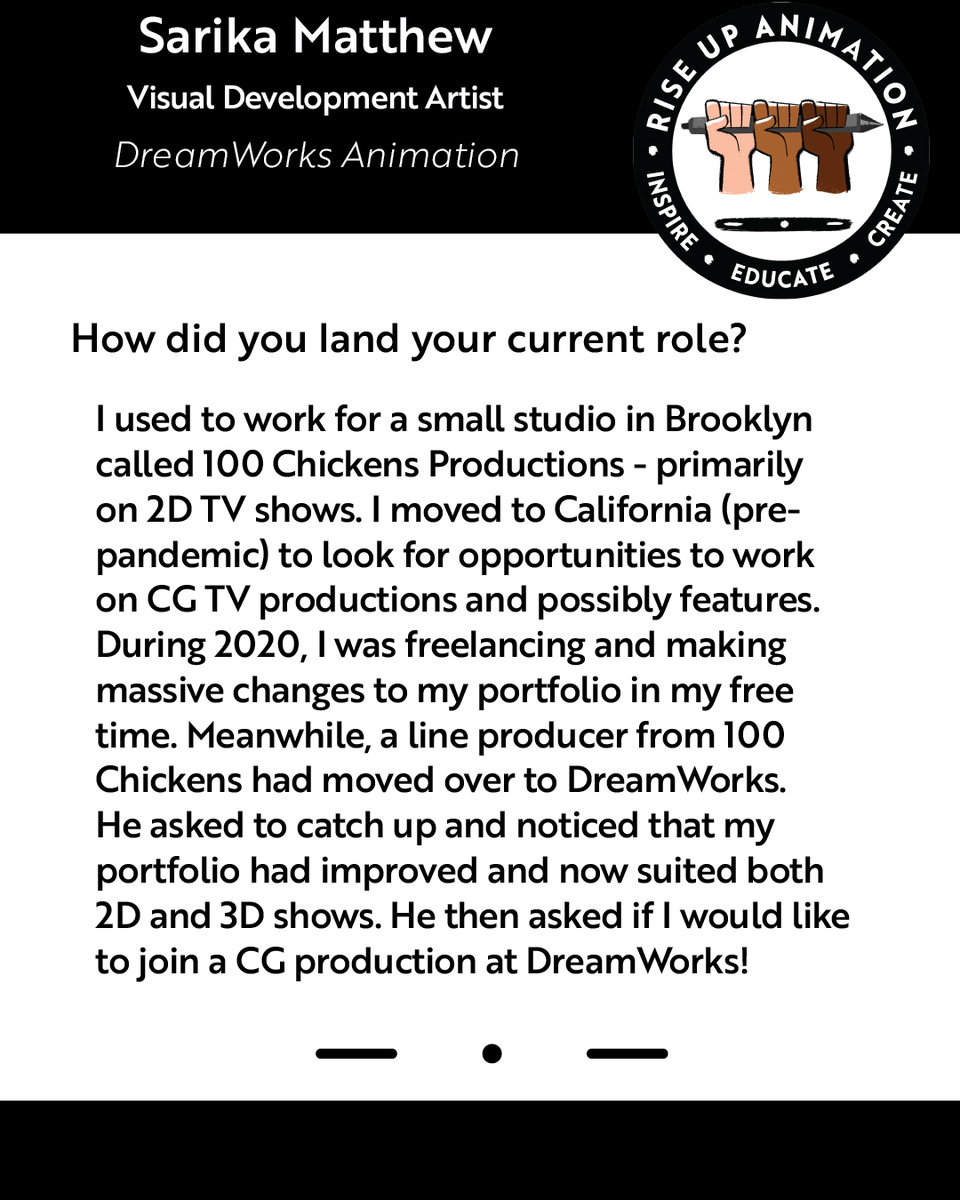 riseupanimation's tweet photo. Hey there Rise Up Fam! We're celebrating another #MenteeFastForward where we meet an RUA Mentee that found a career opportunity in the industry.

Today, we'll hear from Sarika Matthew at 
@Dreamworks Animation! https://t.co/EFOaNYN6cu