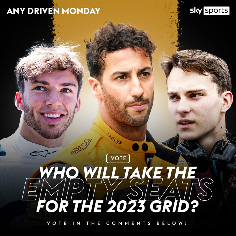 SkySportsF1's tweet photo. VOTE: Who will take the empty seats for the 2023 grid?! π€
Join the conversation with us on #AnyDrivenMonday, streaming on Youtube at 6pm. π¬πΊ