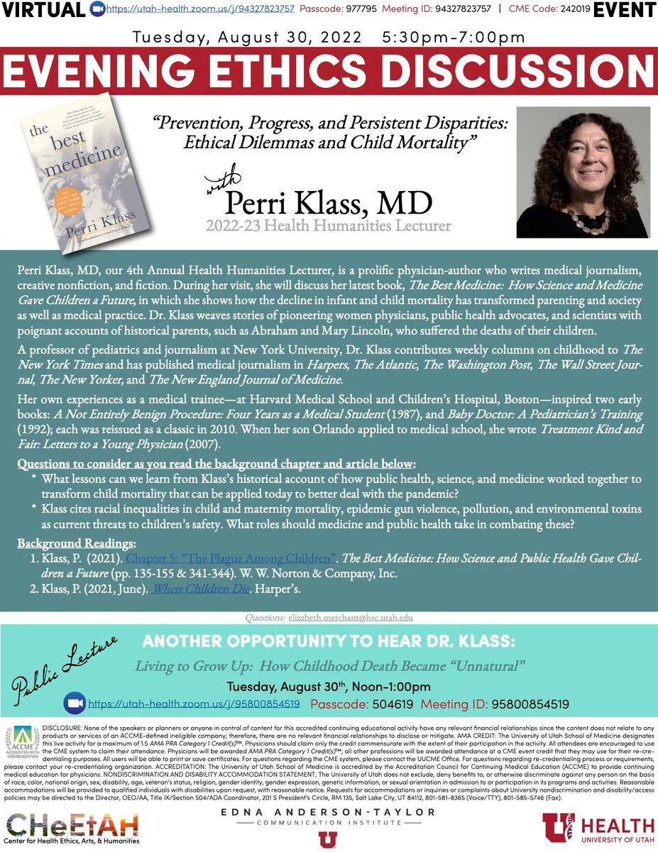TOMORROW: At noon and again at 5:30pm, join us online to hear from the great Dr. @PerriKlass. First at noon, 'Living to Grow Up: How Childhood Death Became 'Unnatural.'' Then, at 5:30pm, 'Prevention, Progress, and Persistent Disparities: Ethical Dilemmas and Child Mortality.'