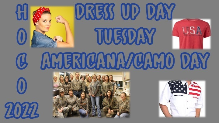 HOCO '22 Tuesday Dress Up-Americana/Camo! What style will you choose-red, white, and blue or camo!