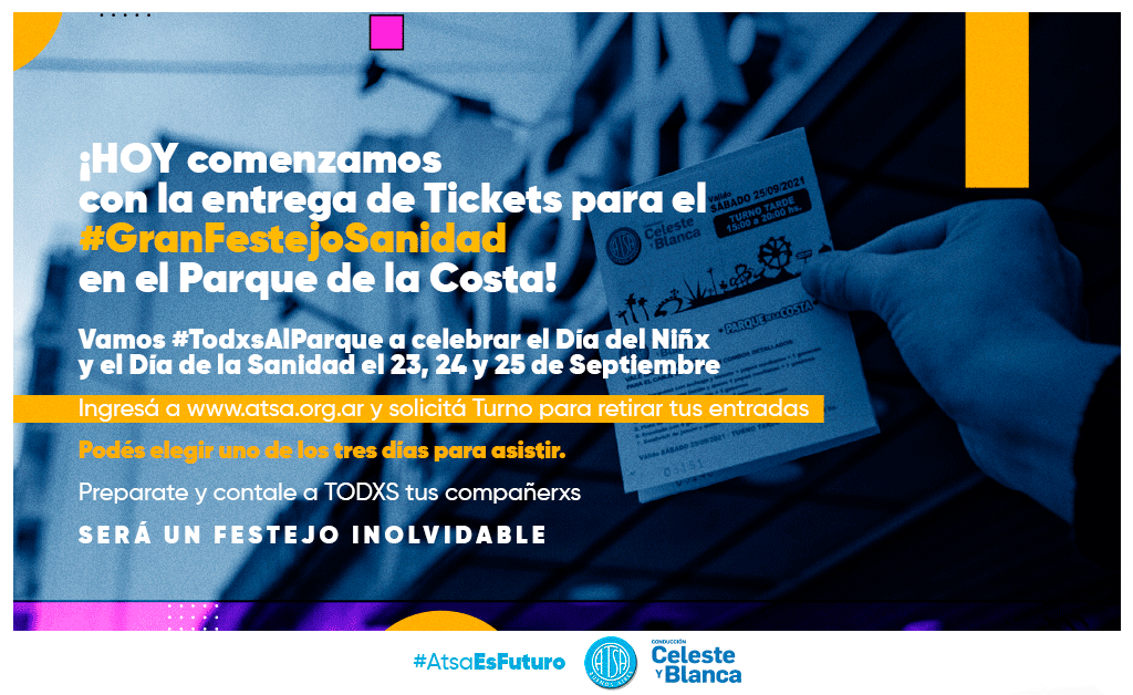 AtsaBsAs's tweet photo. Hoy comienza la entrega de entradas para el #GranFestejoSanidad 🥳🥳

23, 24 Y 25 de septiembre nos vamos #TodxsAlParque a celebrar el Día del Niñx y el Día de la Sanidad ✌️

En este #HILO te contamos los pasos para solicitar tu turno 🧵👇 https://t.co/t9dnC1kckK