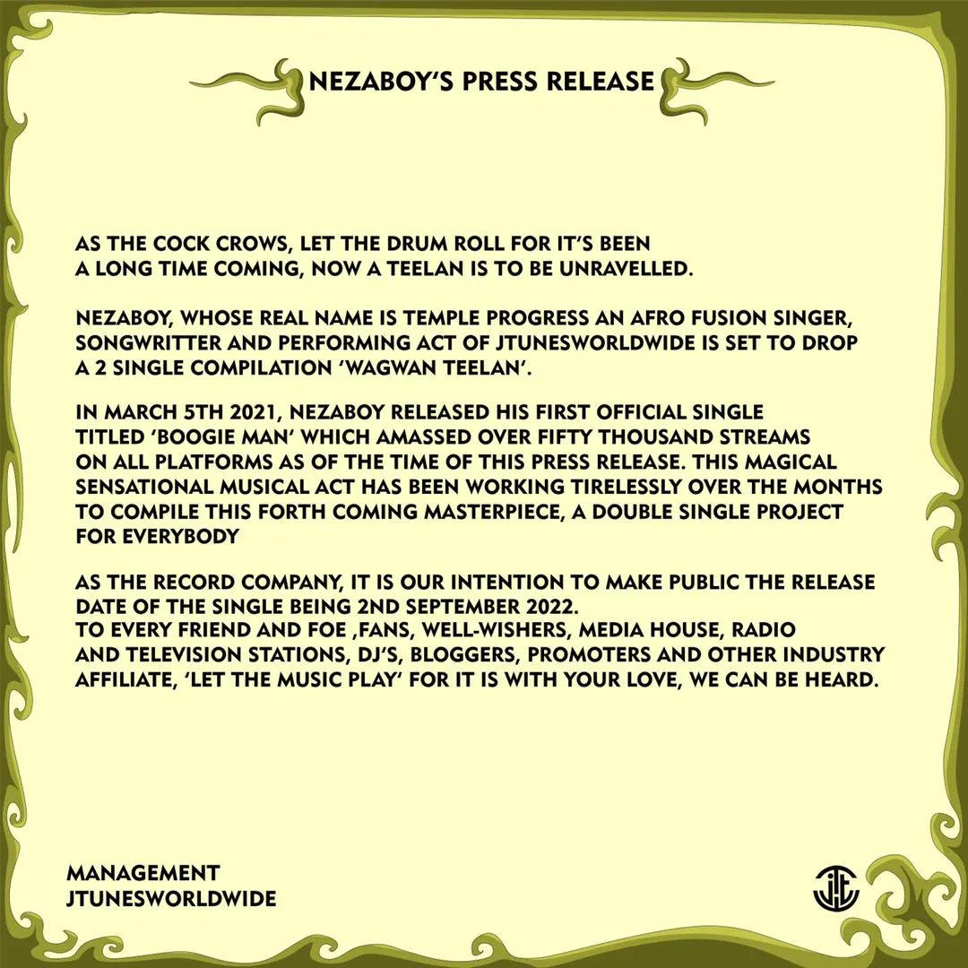falaxyconnect's tweet photo. @nezaboymusic Set To Release Two Singles On Friday, 22nd September 2022.

"Let the drums roll for it’s been a long time coming!! Now a Teelan is to be unravelled🛸👽🌹"

@DONJAZZY @davido @wizkidayo https://t.co/nChi5rQPo2