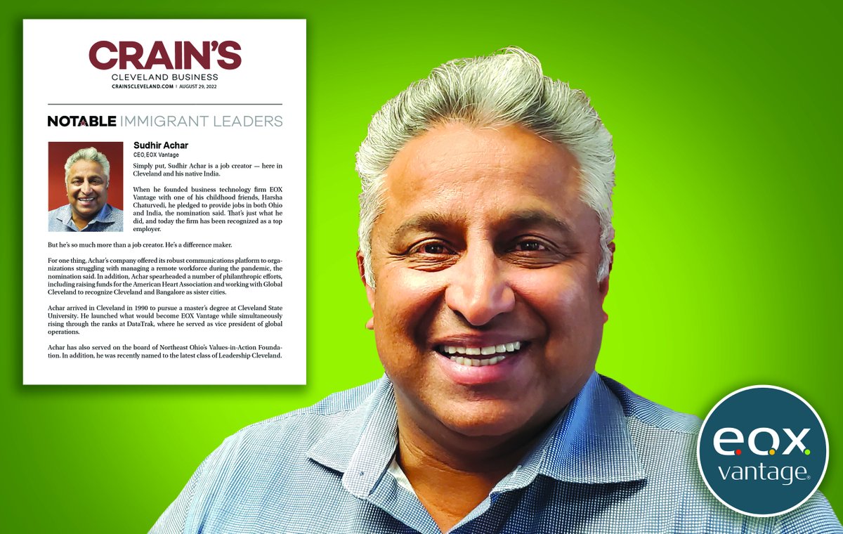 eoxvantage's tweet photo. Congratulations to our CEO, Sudhir Achar, who was just listed as one of Crain's Cleveland Business' 2022 Notable Immigrant Leaders! Crain's subscribers can read more about it here:
https://t.co/HzzSywxtFg

#ClevelandBusiness #ClevelandOhio #Immigrant #EOXVantage https://t.co/4enoerqdNB