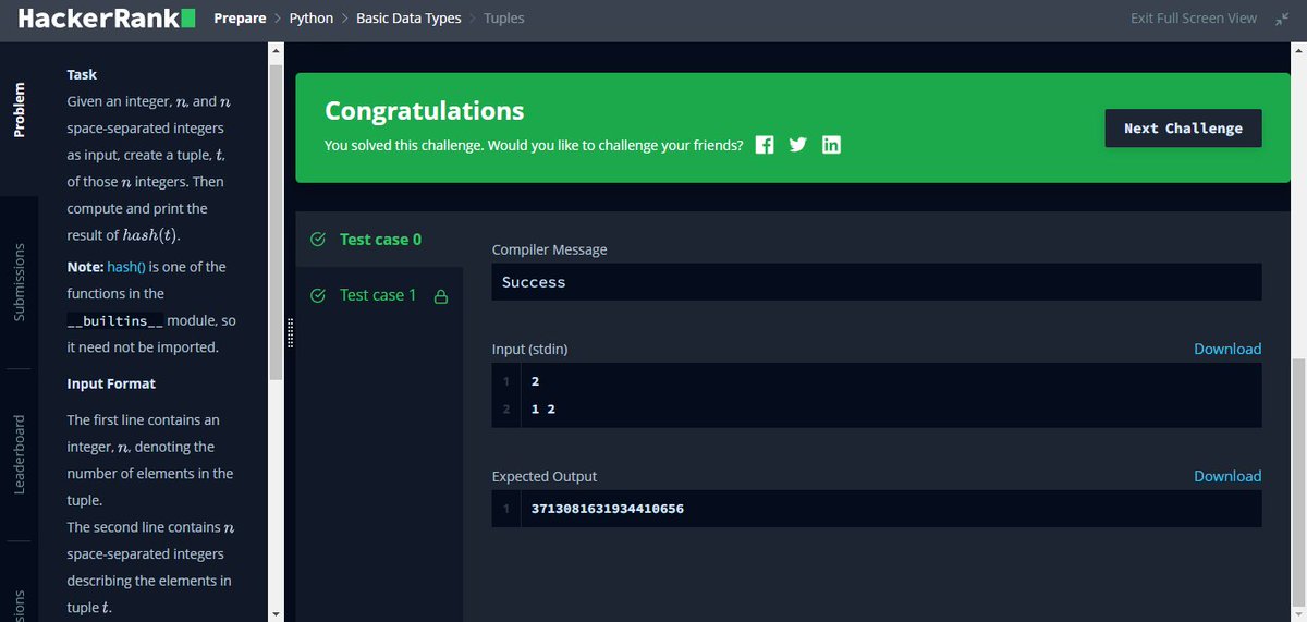 MerinMaryShibu's tweet photo. Day 7☑️
Tuples
#100DaysOfCode 
#Python 
#HackerRank
#Coding https://t.co/QumT7w4CTV