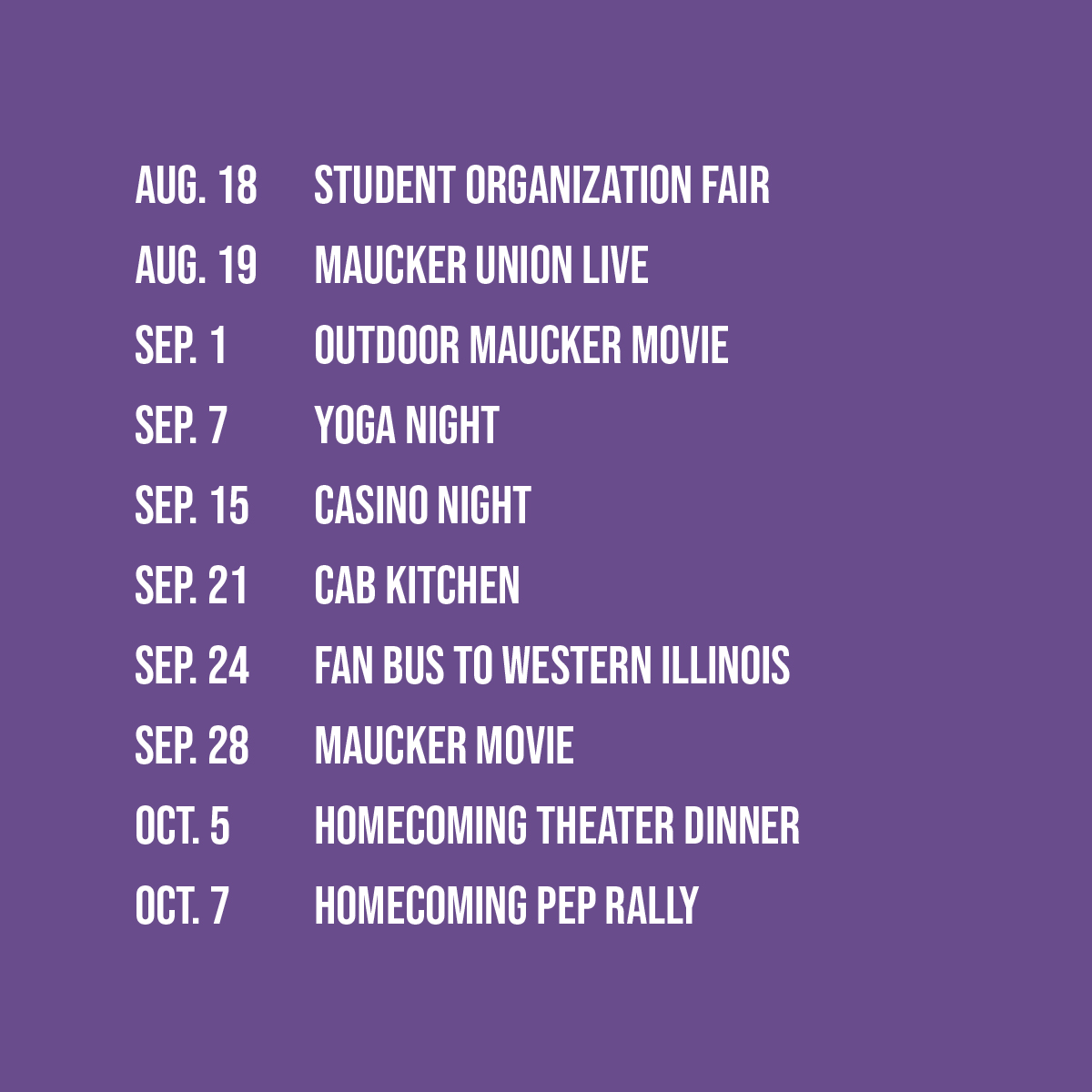 InvolvementUNI's tweet photo. What better way to start off a Monday then with the CAB schedule for the semester! With fun activities like Casino Night, Maucker Movie, and CAB Concert make sure you get registered! https://t.co/4vYViD3btN